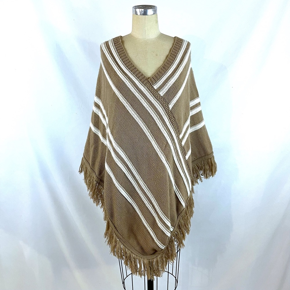 Vintage 80s 90s Sweater Poncho Made in USA Beige & White